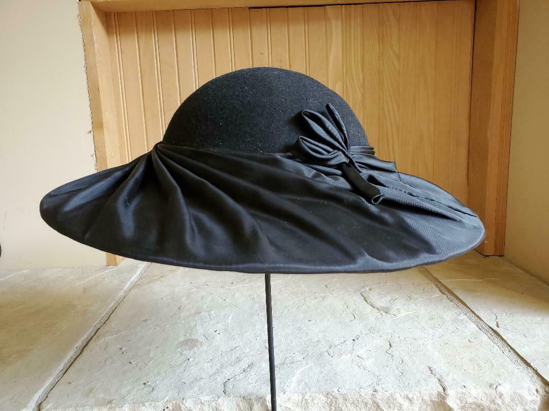 1930s Black Wool Ladies Vintage Hat Wide Brim By Sylvia