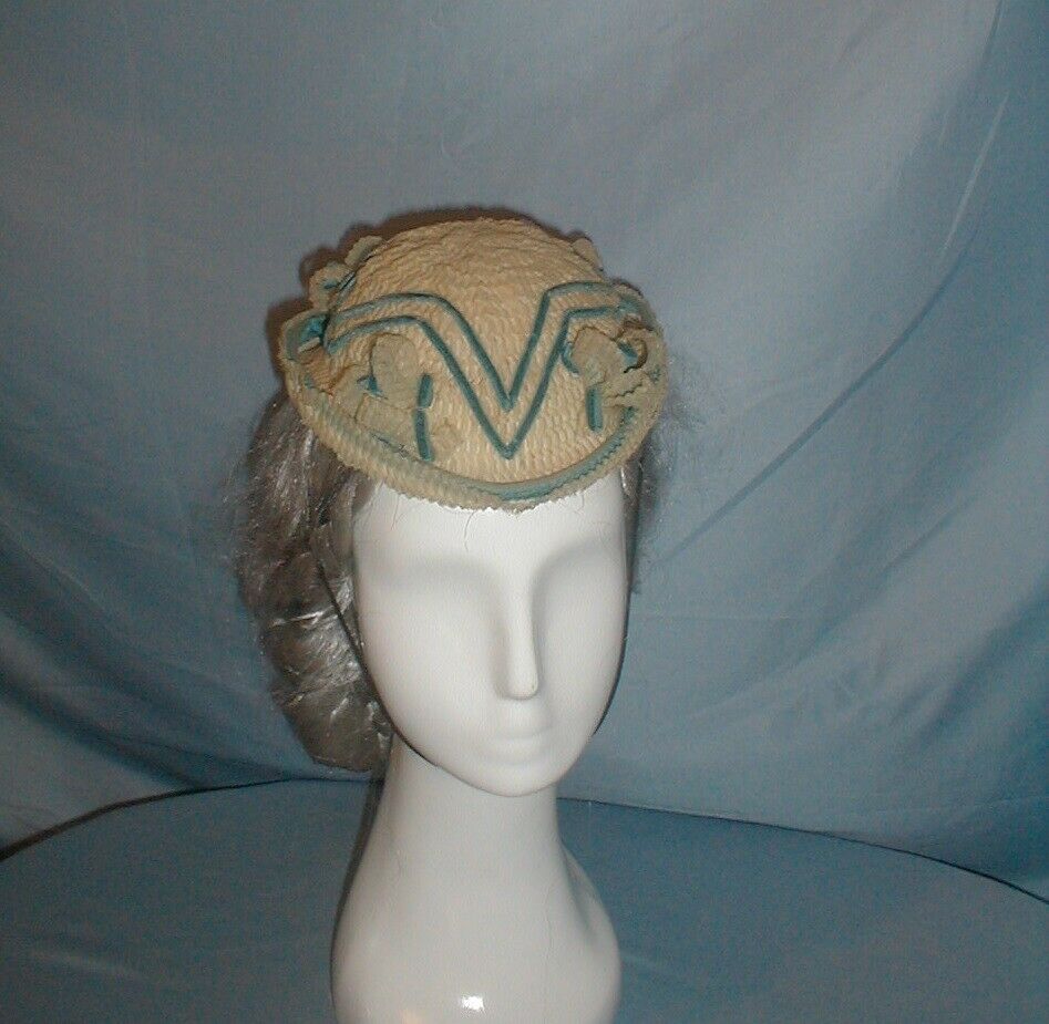 Antique Hat Victorian 1860's Eugenia White Horsehair Straw Blue Velvet Trim
