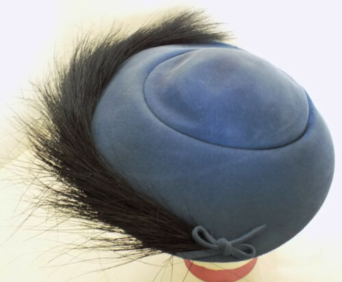 Vintage 50s Wide Brim Blue Wool Hat Black Feather Trim Originals By Flo-raye