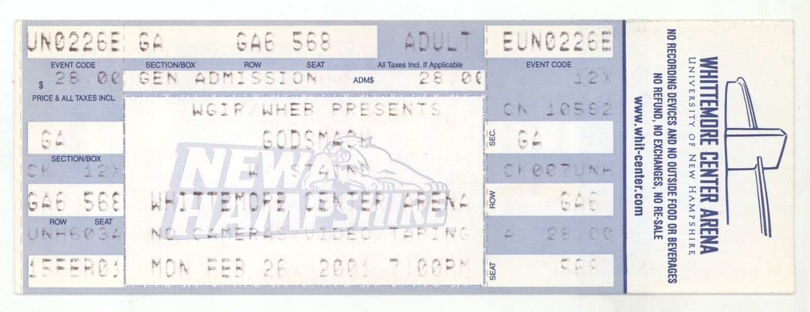 Rare Godsmack & Staind 2/26/01 Durham Nh Whittemore Center Arena Concert Ticket!