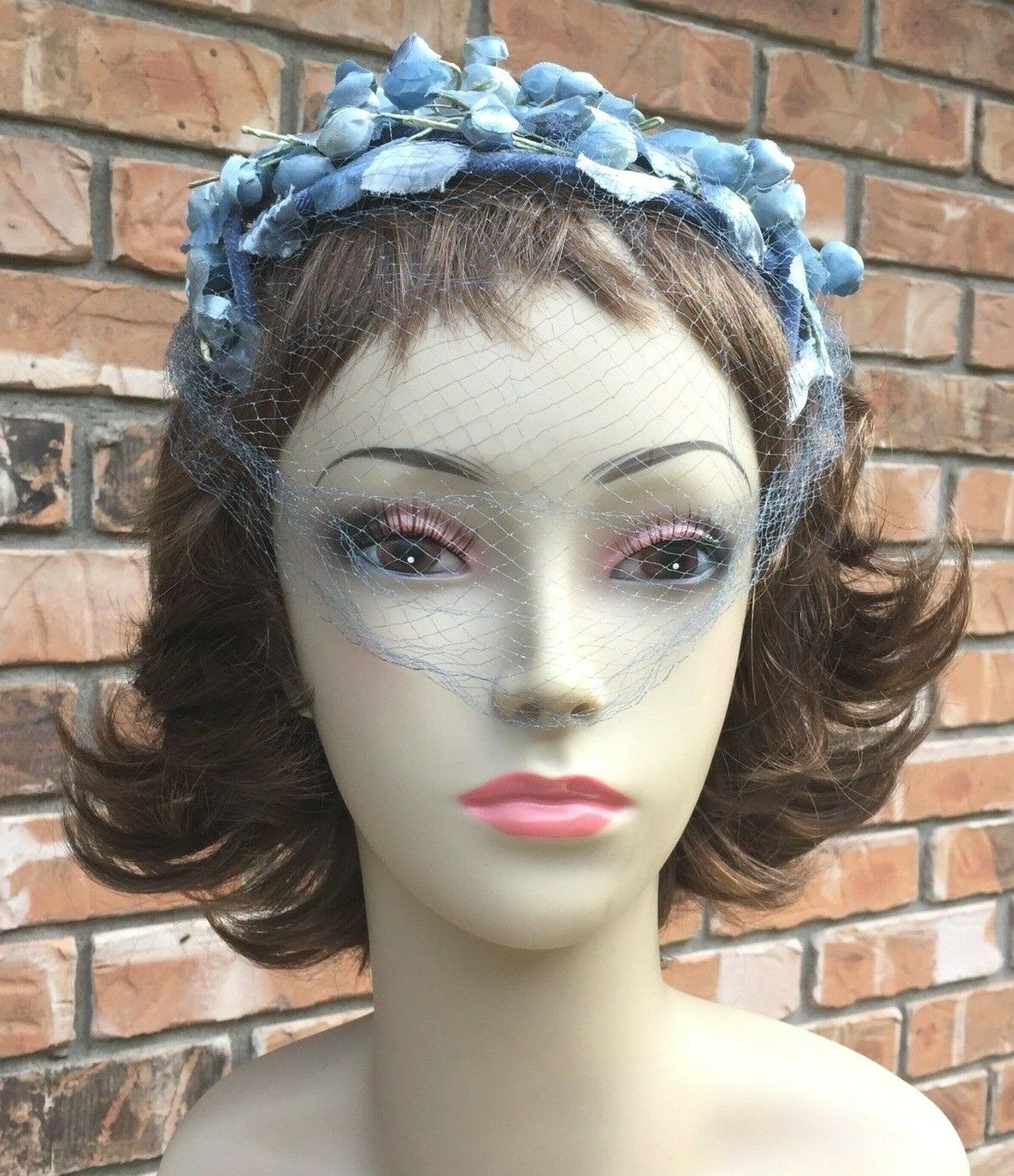 Antique Blue Millinery Ladies Hat Headband Blue Shimmering Velvet Flowers & Veil