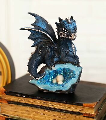 Adorable Silver Blue Baby Dragon On Crystal Fossil Geode Rock With Eggs Figurine