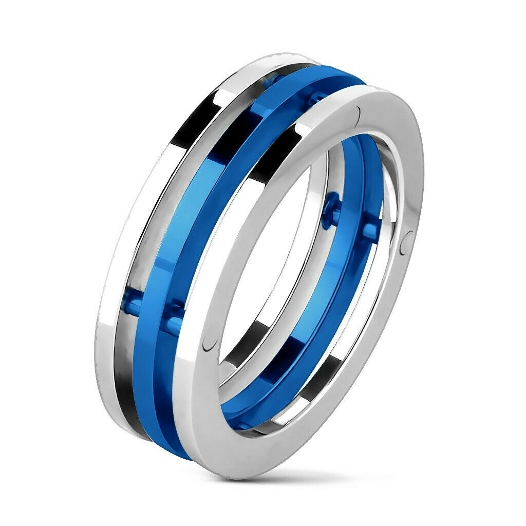 Stainless Steel Men's Three Band Thin Blue Line Band Ring Size 8-14